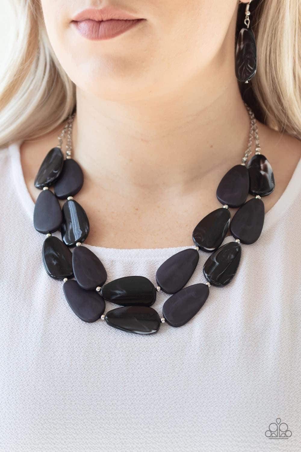 Paparazzi Accessories Colorfully Calming - Black Featuring a faux marble finish, asymmetrical black teardrops and dainty silver beads are threaded along invisible wire, creating two serene layers below the collar. Features an adjustable clasp closure. Sol