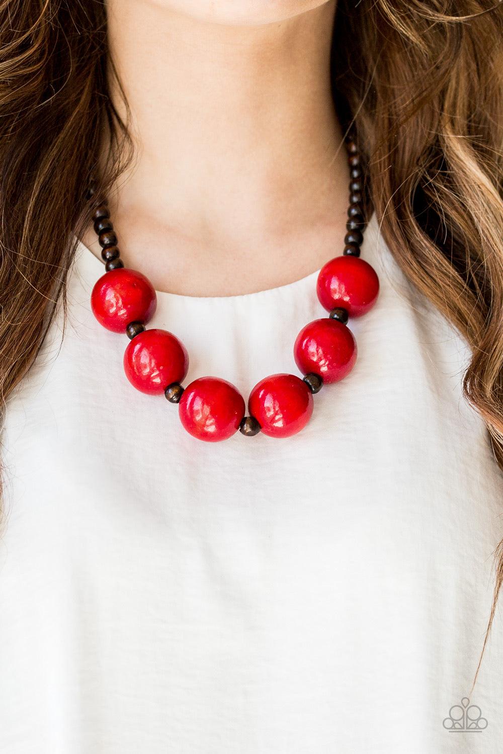 Paparazzi Accessories Oh My Miami - Red Brown wooden beads are threaded along shiny brown cording. Brushed in a vivacious finish, dramatic red wooden beads alternate below the collar for a bold summer look. Features a button loop closure. Jewelry