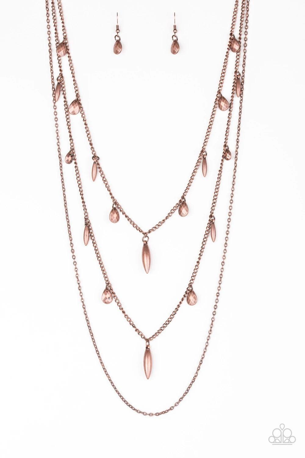 Paparazzi Accessories Bravo Bravado - Copper Sections of shiny silver, polished purple, and glassy beads trickle along a shimmery silver chain along the chest for a flirtatious look. Features an adjustable clasp closure. Sold as one individual necklace. I
