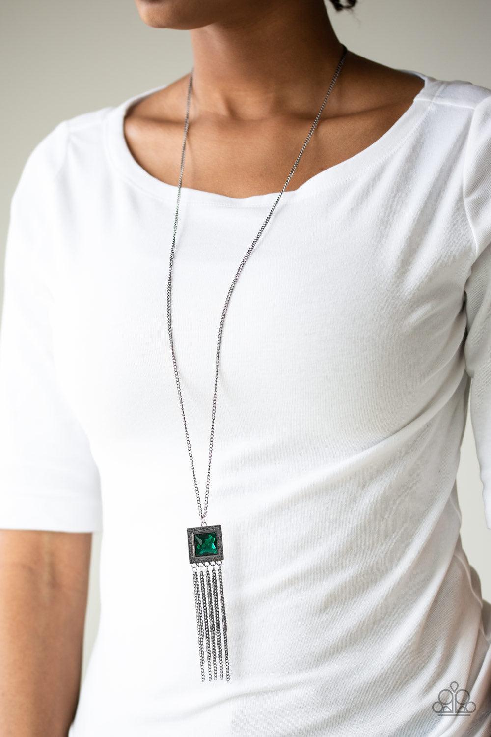 Paparazzi Accessories Shimmer Sensei - Green Featuring metallic rope-like patterns, an ornate bangle-like cuff curls around the wrist. Refreshing white stones dot the center of the ornate frame for a seasonal flair. Features a hinged closure. Jewelry