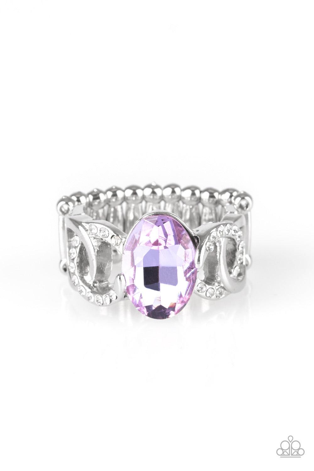 Paparazzi Accessories Supreme Bling - Purple White rhinestone encrusted frames and shiny silver frames link across the finger, coalescing into an airy band. A glittery purple rhinestone is pressed into the center of the band for a glamorous finish. Featur