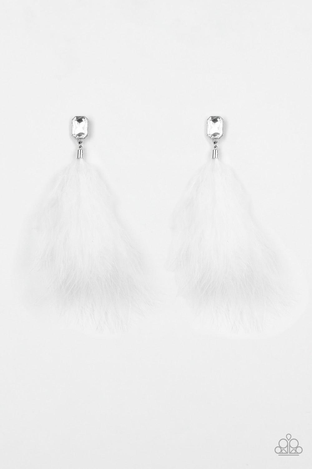 Paparazzi Accessories The SHOWGIRL Must Go On! - White A soft white feather swings from the bottom of a regal emerald style cut white rhinestone, creating a fabulously glamorous fringe. Earring attaches to a standard post fitting. Jewelry