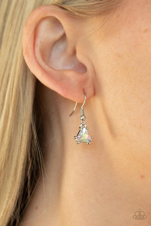 Paparazzi Accessories Downright Dainty - Multi Encased in a sleek silver fitting, a triangular iridescent rhinestone attaches to a classic silver chain below the collar for a colorfully dainty look. Features an adjustable clasp closure. Jewelry