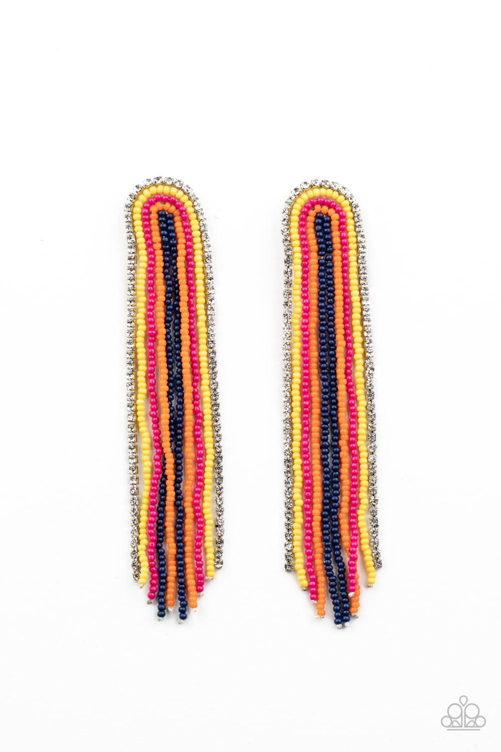 Paparazzi Accessories Let There BEAD Light - Multi Mismatched strands of yellow, Pink Peacock, Amberglow, Blue Depths seed beads and a glittery strand of white rhinestones delicately curls into a beaded rainbow-like tassel. Earring attaches to a standard