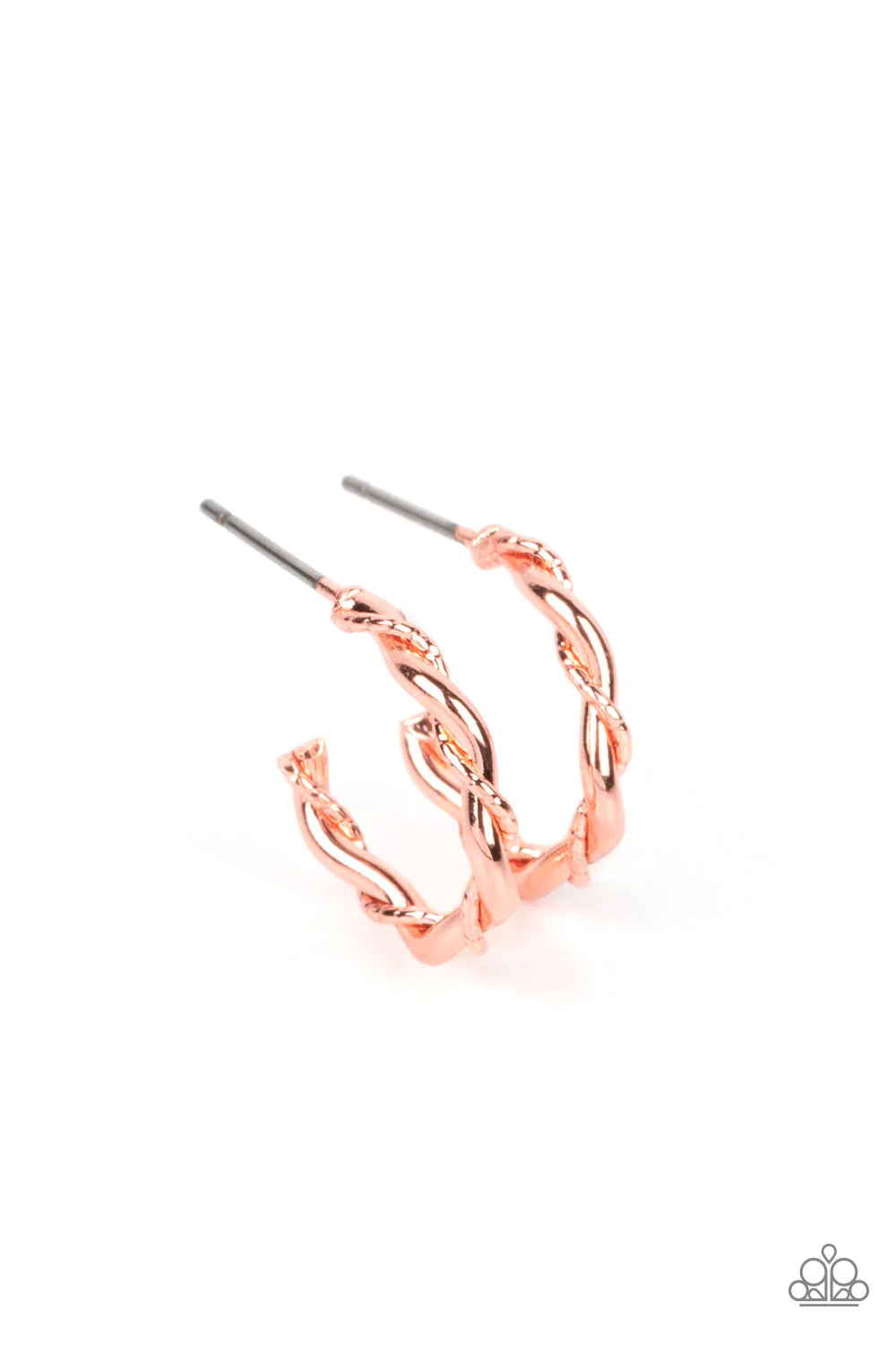 Paparazzi Accessories Irresistibly Intertwined - Copper A mismatched pair of shiny copper wires delicately twists into a classic hoop, creating a dainty peek of shimmer. Earring attaches to a standard post fitting. Hoop measures approximately 1/2" in diam