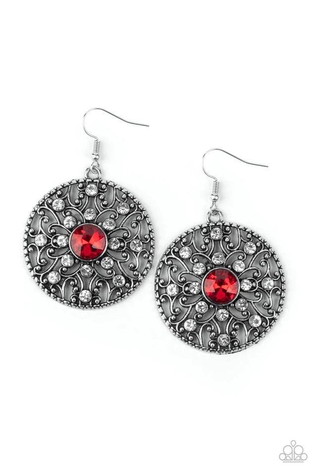 Paparazzi Accessories GLOW Your True Colors - Red Dotted in glassy white rhinestones, a backdrop of studded silver vine-like filigree climbs a circular frame. An oversized red rhinestone embellishes the center for a whimsical finish. Earring attaches to a