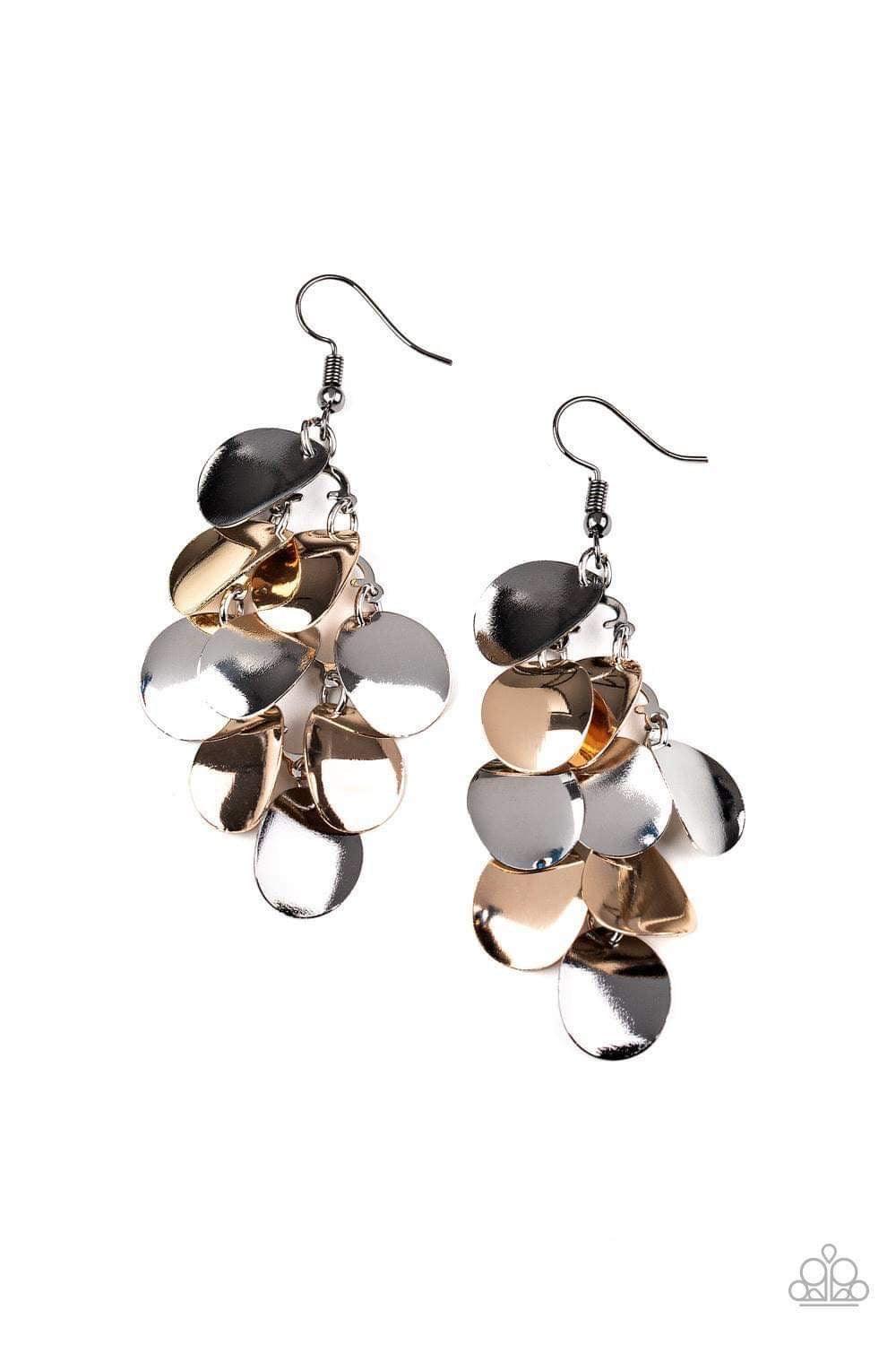 Paparazzi Accessories Resplendent Reflection - Multi Brushed in a high-sheen reflection, a collection of bent silver and gold discs cascade from the ear, coalescing into an edgy lure. Earring attaches to a standard fishhook fitting. Sold as one pair of ea