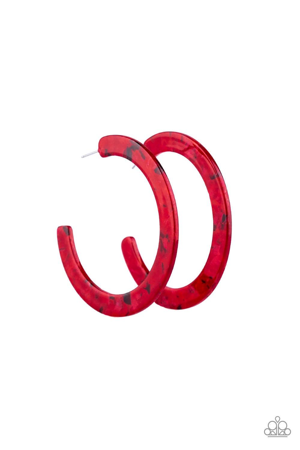 Paparazzi Accessories HAUTE Tamale - Red Featuring a faux-marble finish, a red acrylic hoop curls around the ear for a retro-radiant look. Earring attaches to a standard post fitting. Hoop measures approximately 2 1/4" in diameter. Jewelry