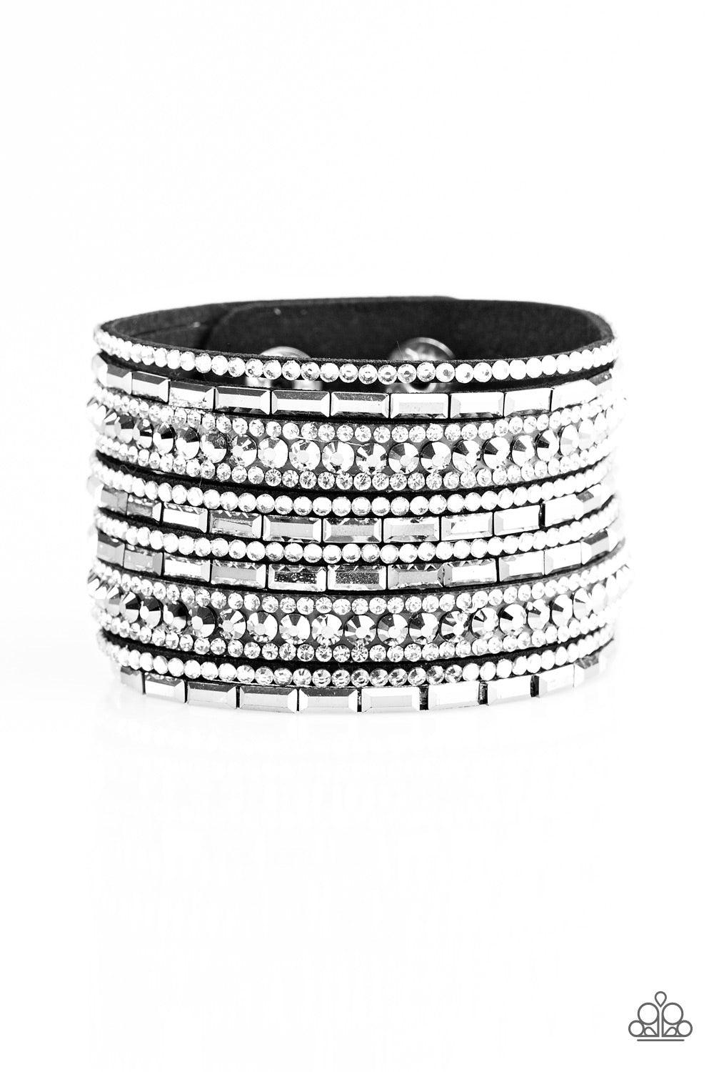Paparazzi Accessories Wham Bam Glam - Black/White Varying in size and shape, glassy white rhinestones are encrusted along strands of black suede for a sassy look. Features an adjustable snap closure. Jewelry