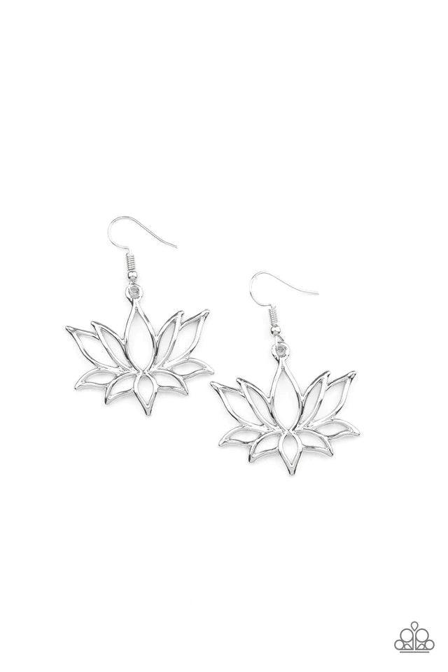 Paparazzi Accessories Lotus Ponds - Silver Brushed in a high sheen shimmer, an oversized silver lotus swings from the ear for a seasonal fashion. Earring attaches to a standard fishhook fitting. Jewelry