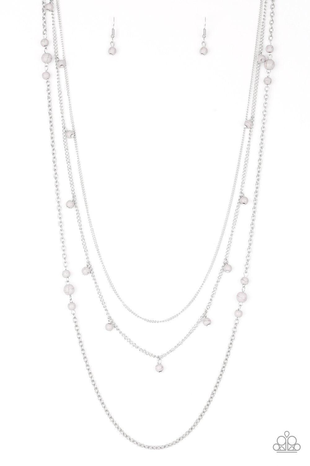 Paparazzi Accessories Laying The Groundwork - Silver Infused with a plain silver chain, mismatched gray stone beads sporadically trickle along shimmery silver chains, creating earthy layers down the chest. Features an adjustable clasp closure. Sold as one