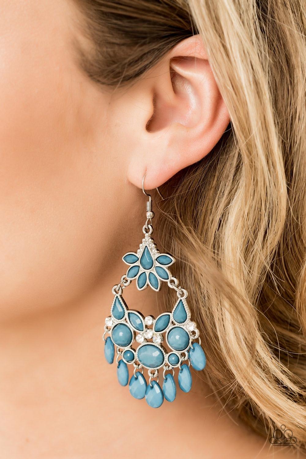 Paparazzi Accessories Garden Dream - Blue Tinted in the calming of hue of Bluestone, a collection of round, teardrop, and marquise style beads coalesce into a whimsically stacked lure. Infused with a faceted teardrop fringe, the bottom of the ornate frame