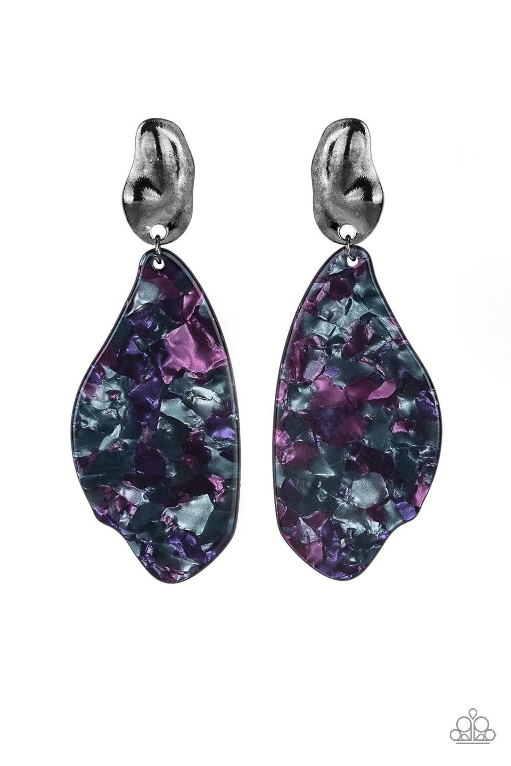Paparazzi Accessories Fish Out Of Water - Purple Featuring a faux marble finish, a colorful acrylic frame swings from the bottom of an abstract gunmetal fitting for a retro vibe. Earring attaches to a standard post fitting. Color may vary. Jewelry