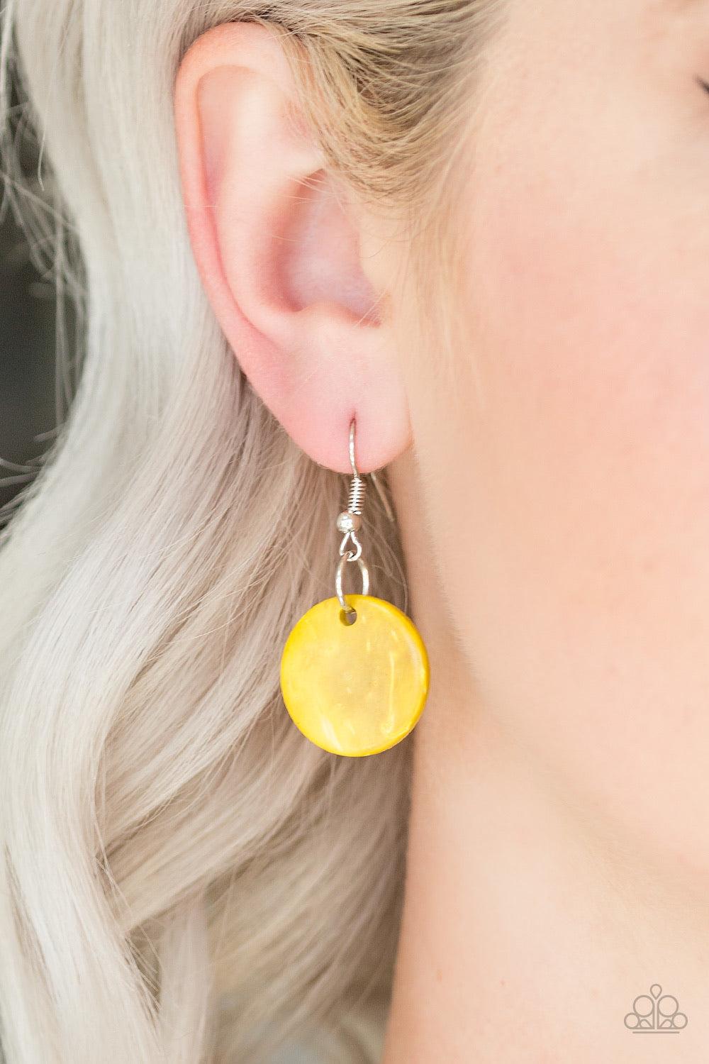 Paparazzi Accessories Key West Walkabout - Yellow Brushed in a colorful finish, rows of sunny yellow wooden discs and earthy brown beads are threaded along shiny brown cording for a summery look. Features a button loop closure. Jewelry
