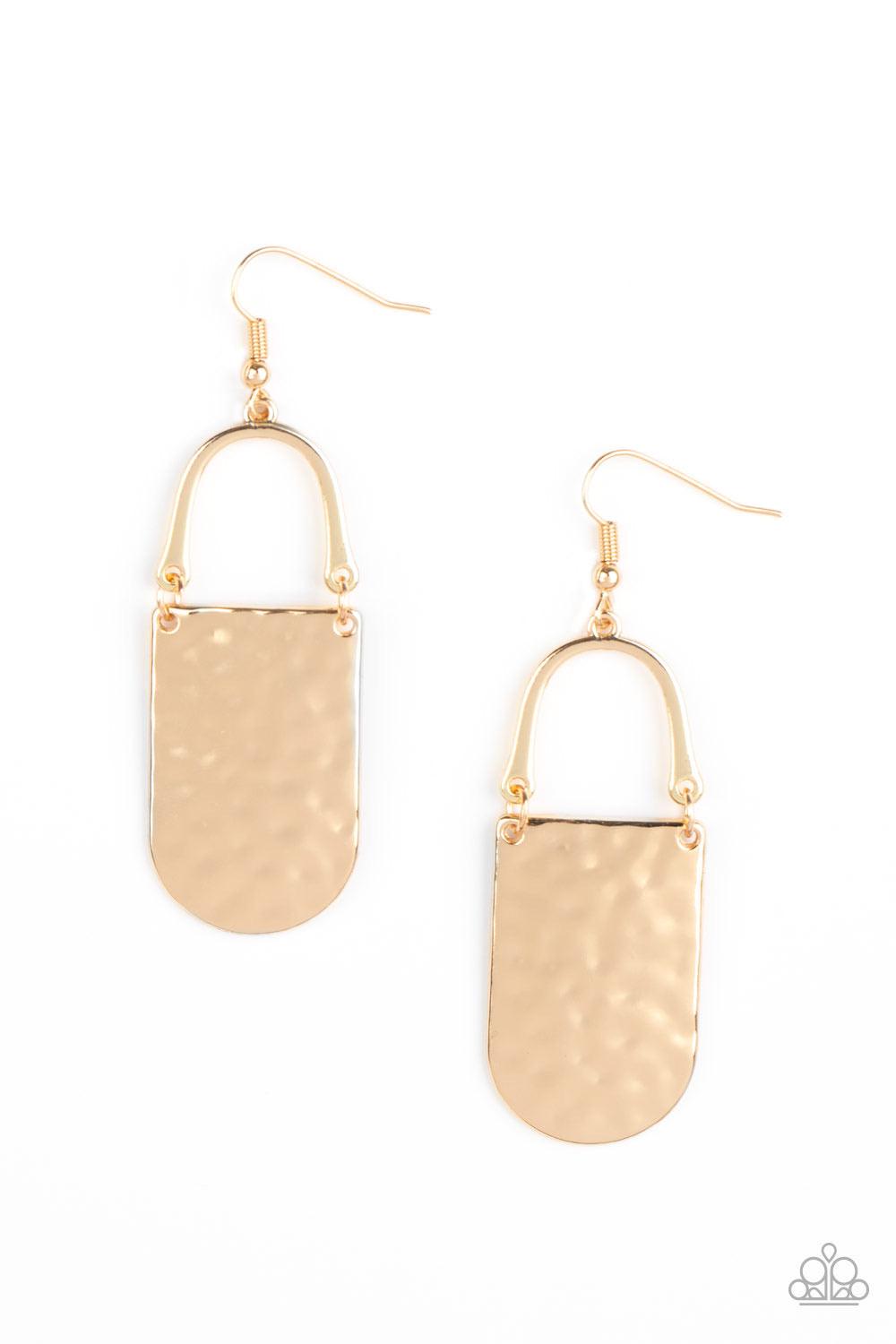 Paparazzi Accessories Resort Relic - Gold A hammered gold piece links to the bottom of a bowing gold bar, creating an abstract lure. Earring attaches to a standard fishhook fitting. Sold as one pair of earrings. Jewelry