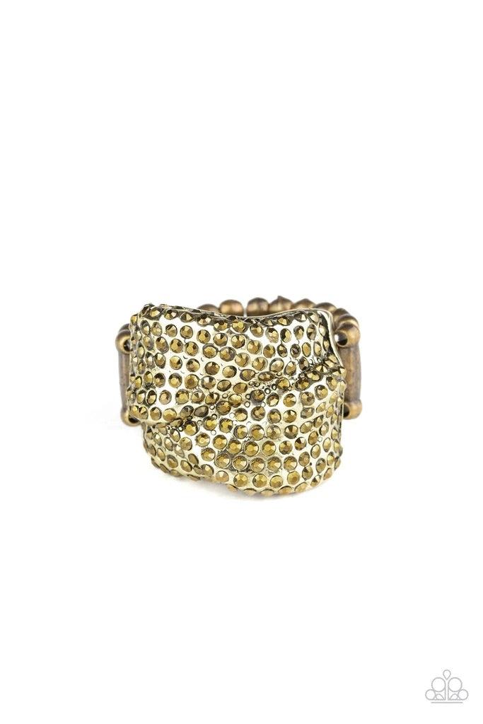 Paparazzi Accessories Imperial Industrialism - Brass Encrusted in row after row of golden aurum rhinestones, warped brass bands coalesce into a single sparkling frame across the finger for an edgy look. Features a stretchy band for a flexible fit. Sold as