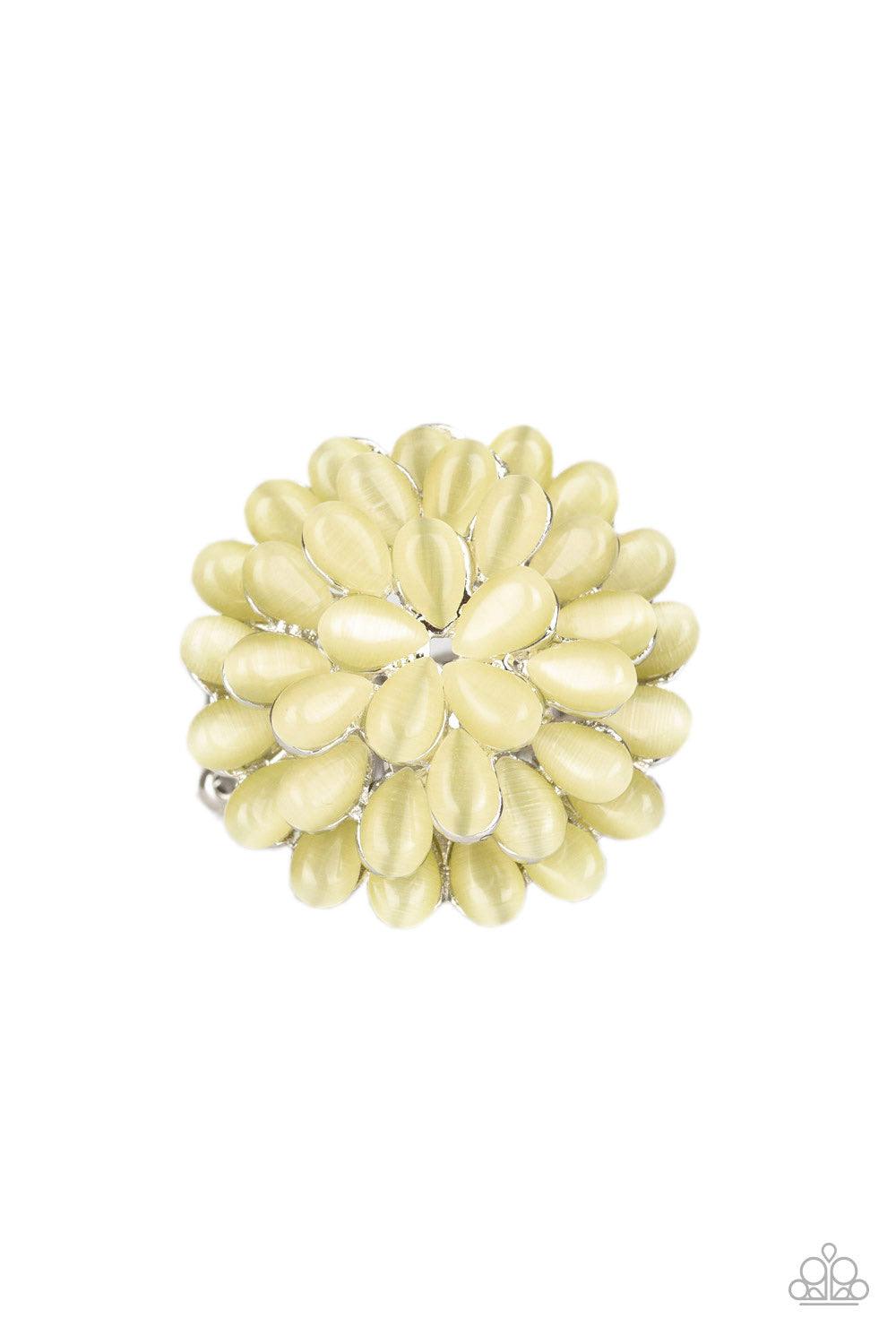 Paparazzi Accessories Bloomin Bloomer - Yellow Row after row of teardrop cat's eye stones stack into a blast of yellow petals atop the finger, creating a whimsical blossom. Features a stretchy band for a flexible fit. Jewelry