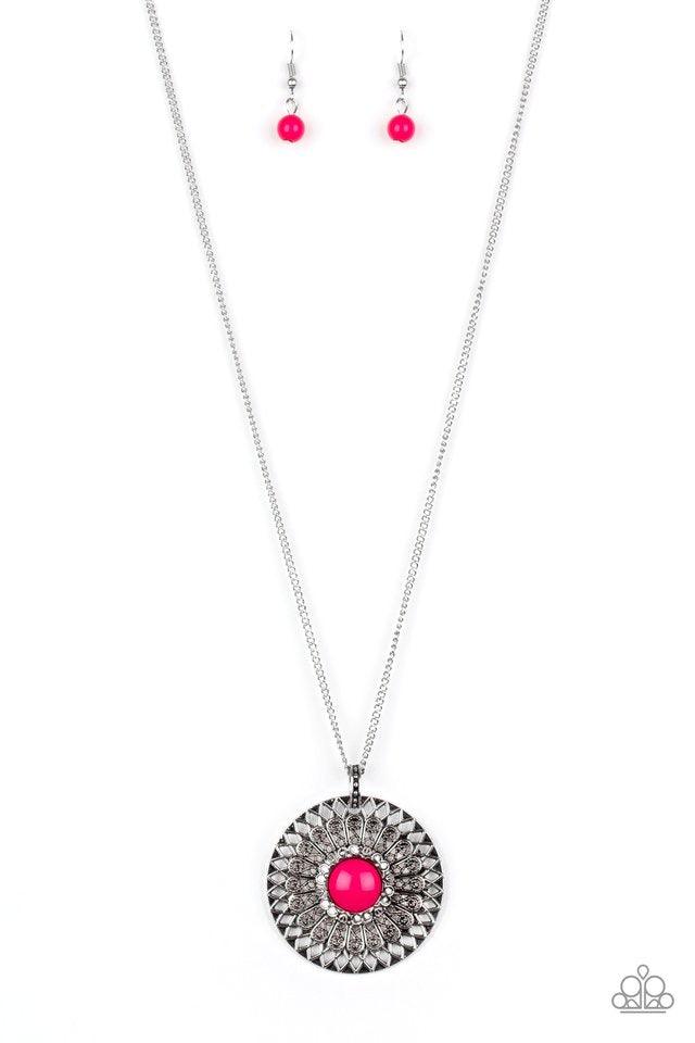 Paparazzi Accessories So Solar ~Pink A vivacious pink bead is pressed into the center of a silver medallion radiating with ornate sunburst textures for a whimsical look. Features an adjustable clasp closure.