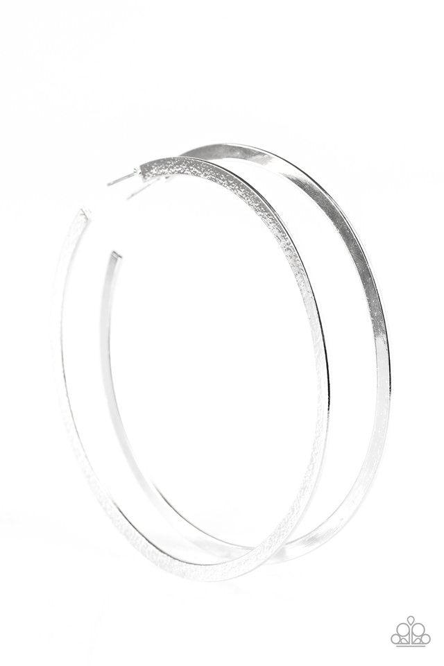 Paparazzi Accessories Size Them Up - Silver One side of a silver hoop is delicately hammered, adding blinding shimmer to the dramatic palette. Hoop measures 3 1/2” in diameter. Earring attaches to a standard post fitting. Sold as one pair of hoop earrings
