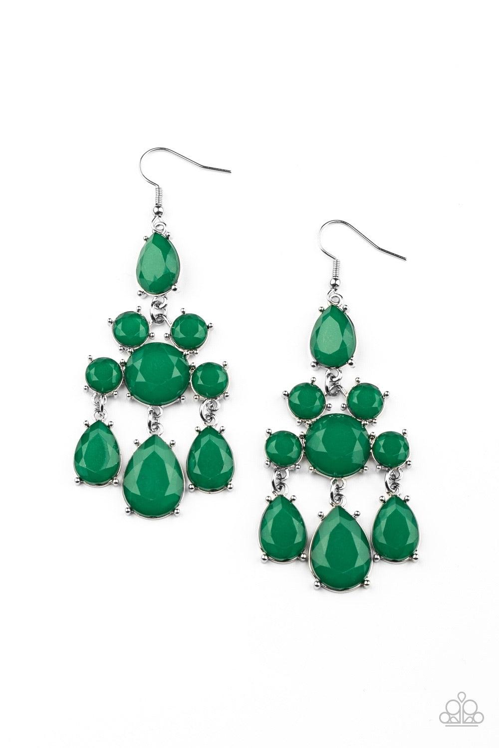 Paparazzi Accessories Afterglow Glamour - Green A dewy collection of glassy round and teardrop green gems delicately connect into an elegant chandelier. Earring attaches to a standard fishhook fitting. Sold as one pair of earrings. Jewelry