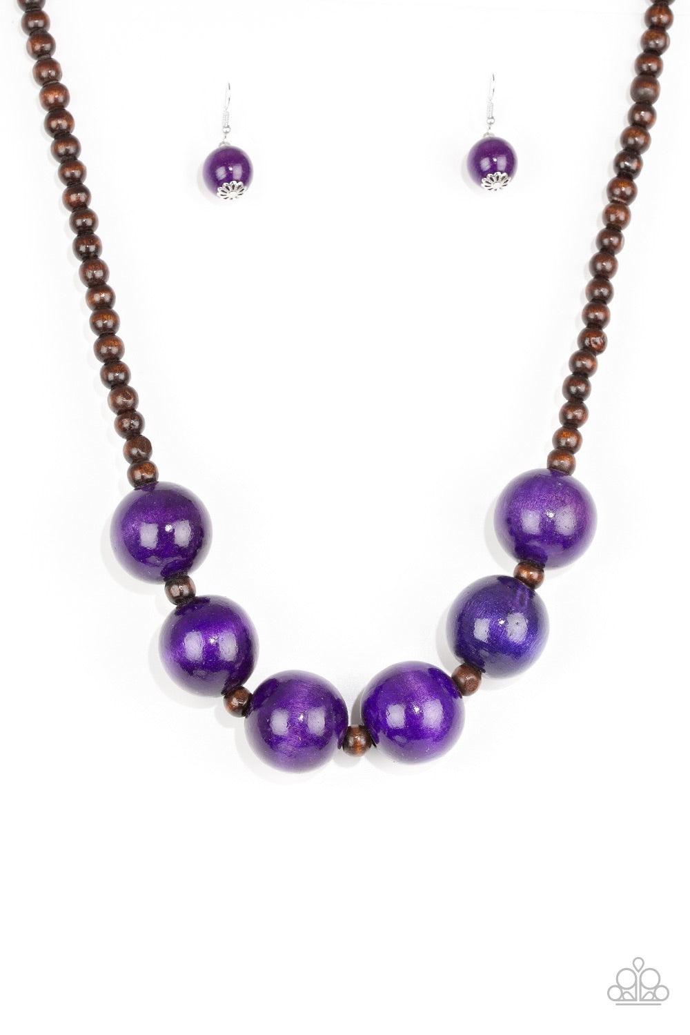 Paparazzi Accessories Oh My Miami - Purple Brown wooden beads are threaded along shiny brown cording. Brushed in a vivacious finish, dramatic purple wooden beads alternate below the collar for a bold summer look. Features a button loop closure. Jewelry
