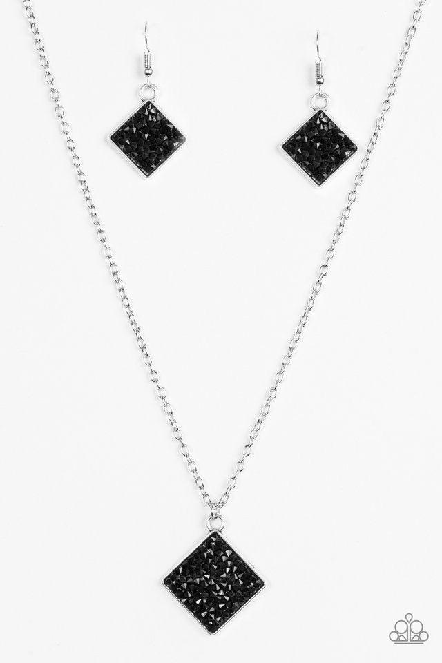 Paparazzi Accessories Kickin Up STARDUST - Black Glittery black rhinestones are sprinkled along a square silver frame, creating a dramatic pendant below the collar for a glamorous look. Features an adjustable clasp closure. Sold as one individual necklace