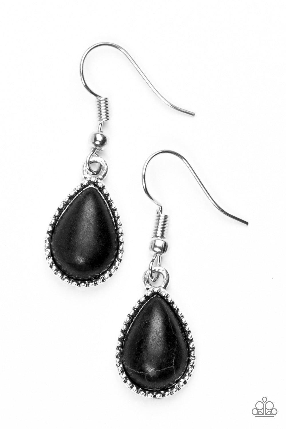 Paparazzi Accessories Sandstone Symphony - Black Chiseled into a tranquil teardrop, a polished black stone is pressed into a studded silver frame for a seasonal look. Earring attaches to a standard fishhook fitting. Jewelry