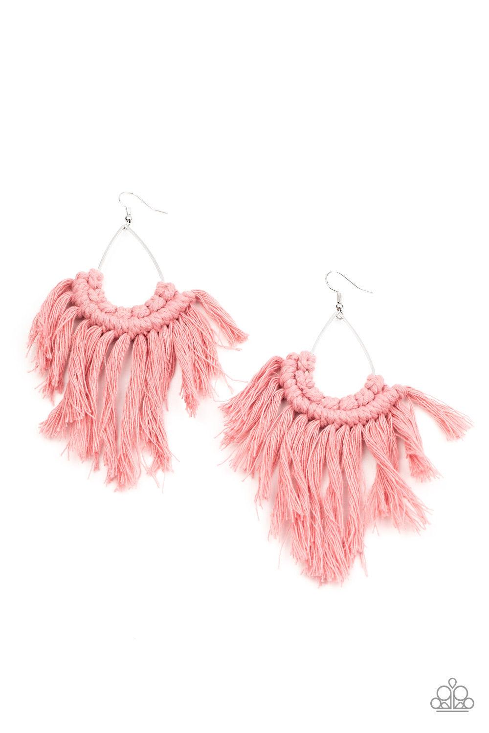 Paparazzi Accessories Wanna Piece of MACRAME? ~Pink Tassels of Rose Tan thread decoratively knot at the bottom of a shiny silver teardrop, creating an earthy fringe. Earring attaches to a standard fishhook fitting. Sold as one pair of earrings. Sold as on