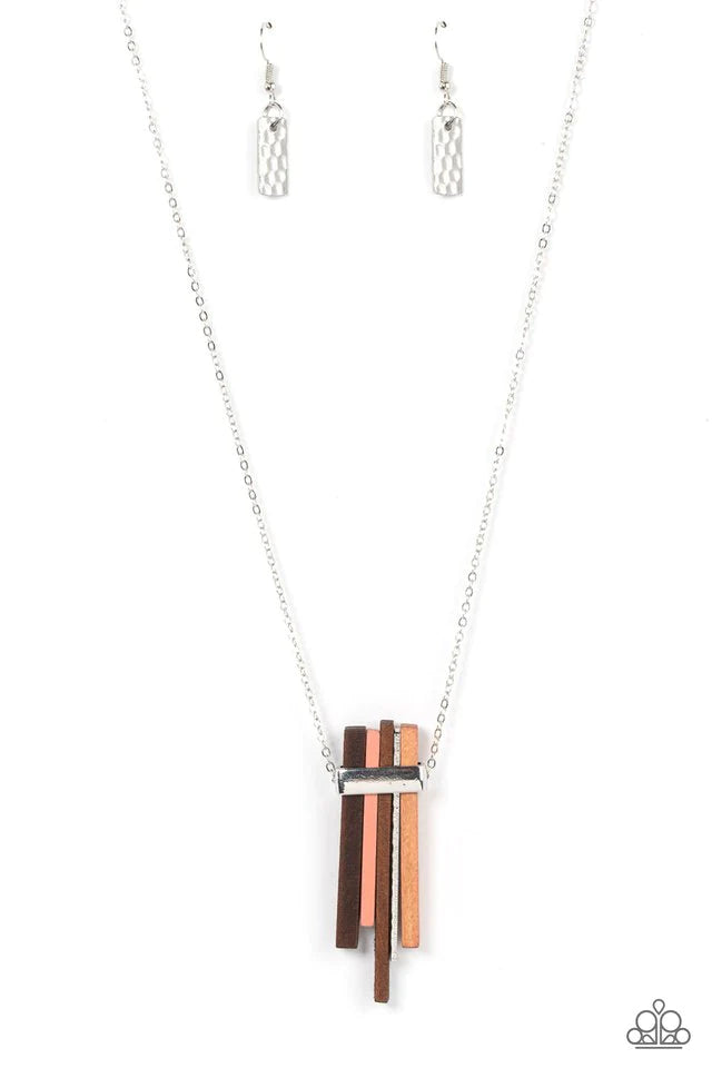 Paparazzi Accessories Cayman Castaway - Multi Banded together with a bold silver fitting, a collection of brown and coral rectangular wooden frames join a hammered silver plate along an extended silver chain for an earthy twist. Features an adjustable cla