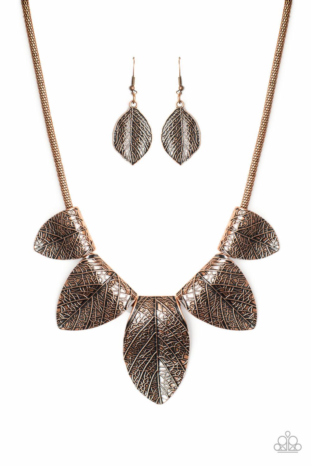 Paparazzi Accessories Garden Gatherer - Copper Embossed in life-like detail, shimmery copper leaf frames delicately fold around a rounded copper box chain. Gradually increasing in size, the dramatic frames fan out below the collar for a statement making l