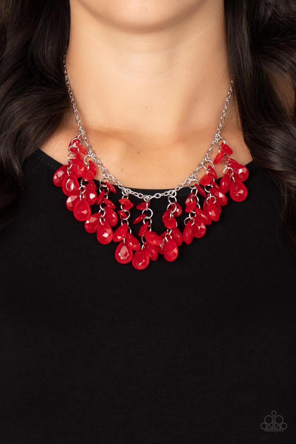 Paparazzi Accessories Crystal Cabaret - Red Opaque trestles of glassy Poinciana teardrop beads colorfully cascade from a classic silver chain below the collar, creating a mystical fringe. Features an adjustable clasp closure. Sold as one individual neckla