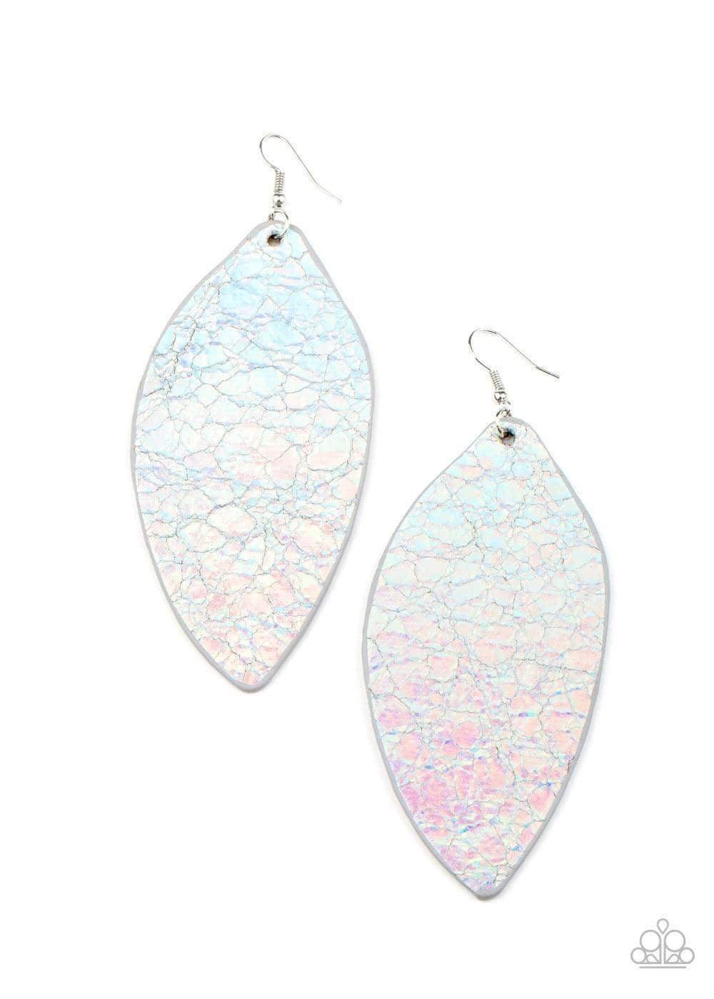 Paparazzi Accessories Eden Radiance - Multi Featuring a metallic iridescence, a leaf-like leather frame swings from the ear for a colorfully retro look. Earring attaches to a standard fishhook fitting. Sold as one pair of earrings. Jewelry