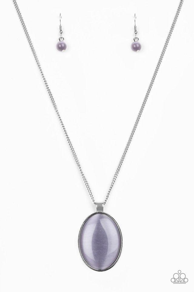 Paparazzi Accessories Pretty Poppin - Purple Pressed into a sleek silver frame, an oversized purple moonstone pendant swings below the collar for a whimsical look. Features an adjustable clasp closure. Jewelry
