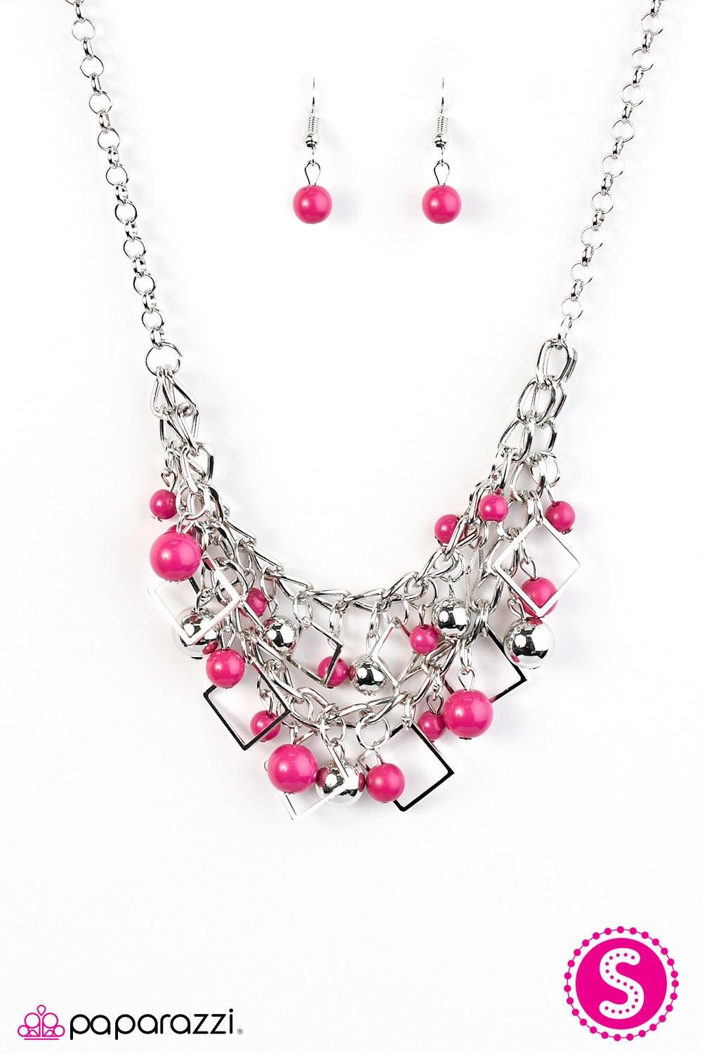 Paparazzi Accessories Finally FRAME-ous - Pink Playful pink and classic silver beading cascade from two rows of bold silver chain. Glistening silver frames trickle between the colorful fringe, adding a trendy geometric flair to the flawlessly layered pale