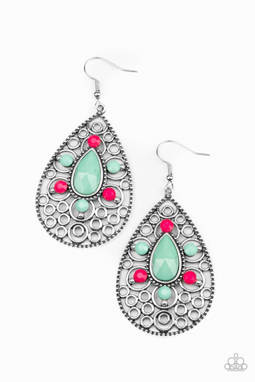 Paparazzi Accessories Modern Garden - Multi A collection of faceted pink and Biscay Green beads adorns the front of a frilly silver teardrop, creating a flowery frame. Earring attaches to a standard fishhook fitting. Sold as one pair of earrings. Jewelry