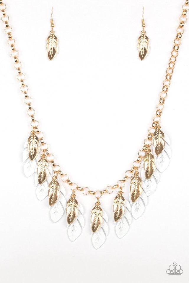 Paparazzi Accessories Rule the Roost - White Glistening gold and refreshing white feathers swing from the bottom of a bold gold chain, creating a fierce fringe below the collar. Features an adjustable clasp closure. Sold as one individual necklace. Includ