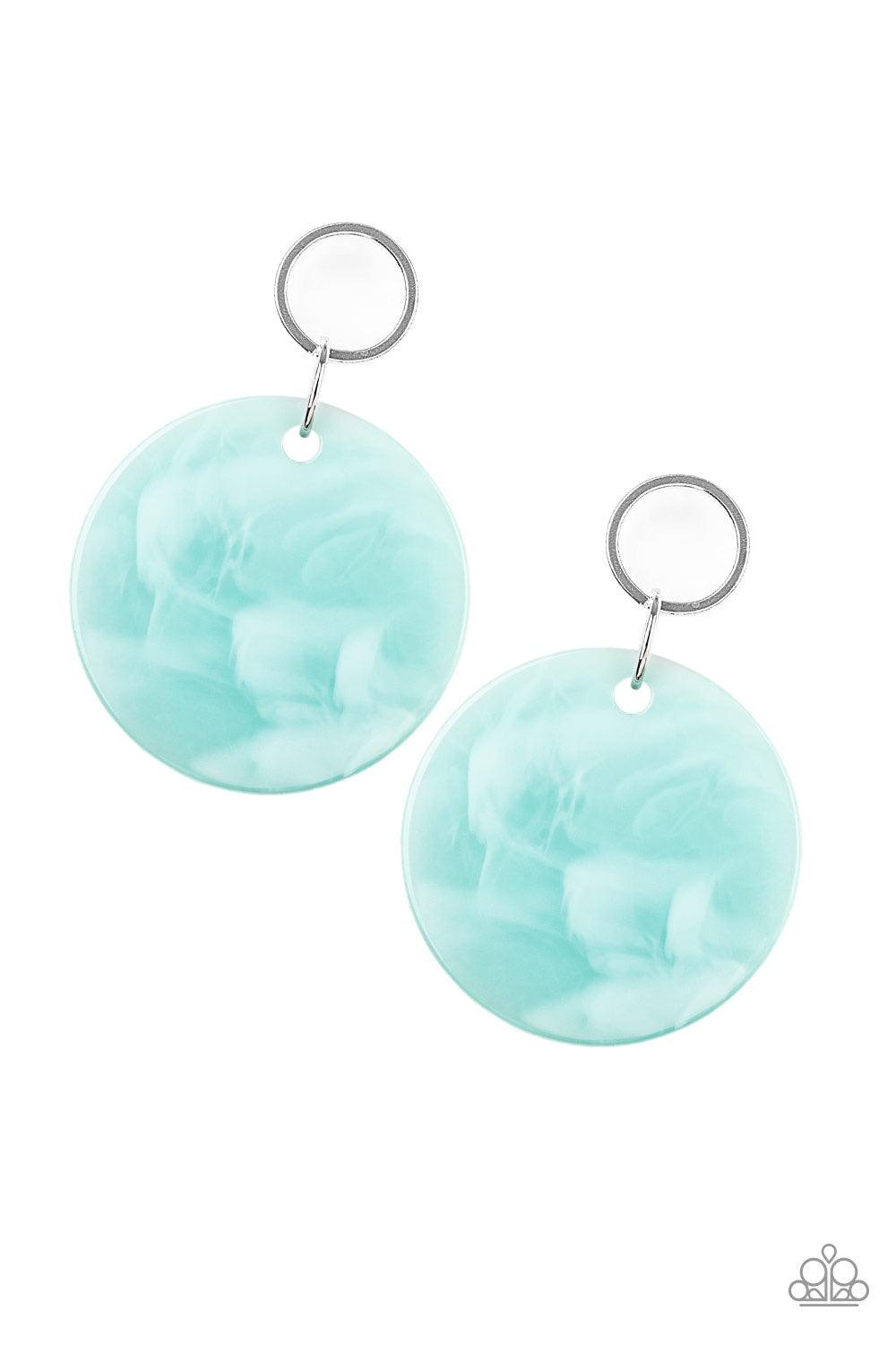 Paparazzi Accessories Beach Bliss - Blue Brushed in a shell-like iridescence, a shimmering acrylic frame swings from the bottom of a dainty silver hoop for a summery flair. Earring attaches to a standard post fitting. Jewelry