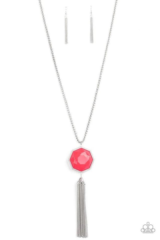 Paparazzi Accessories Prismatically Polygon - Pink Featuring a faceted surface, a neon pink bead is pressed into the center of a decorative silver polygon frame at the bottom of an ornate silver chain. Capped in a silver bead, shimmery silver chains strea
