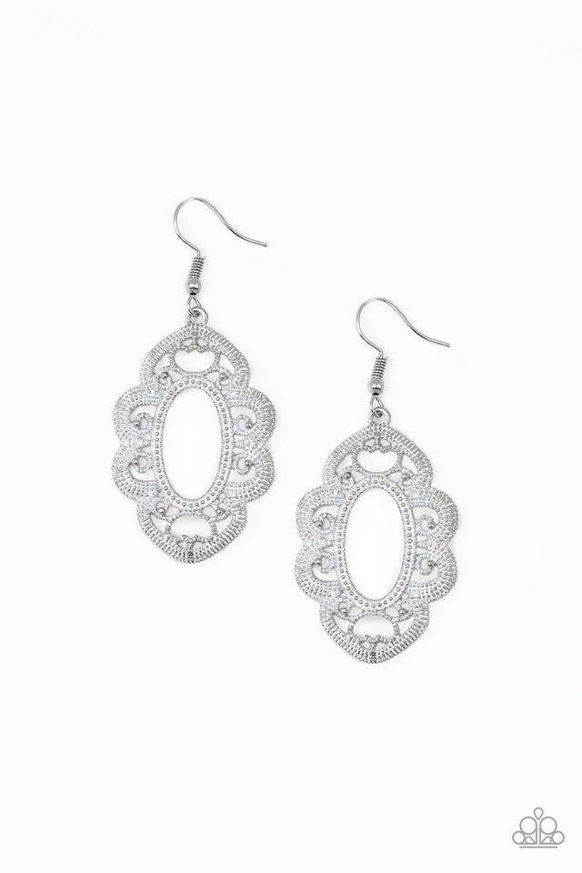 Paparazzi Accessories Mantras and Mandalas - White Brushed in a white finish, a studded silver filigree filled frame swings from the ear for a whimsical look. Earring attaches to a standard fishhook fitting. Sold as one pair of earrings. Jewelry