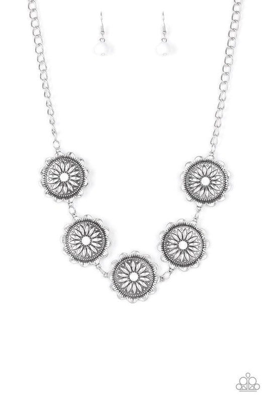 Paparazzi Accessories ME-dallions, Myself, and I - White Infused with shiny white beaded centers, ornate floral stamped frames link below the collar for a colorfully, seasonal look. Features an adjustable clasp closure. Sold as one individual necklace. In