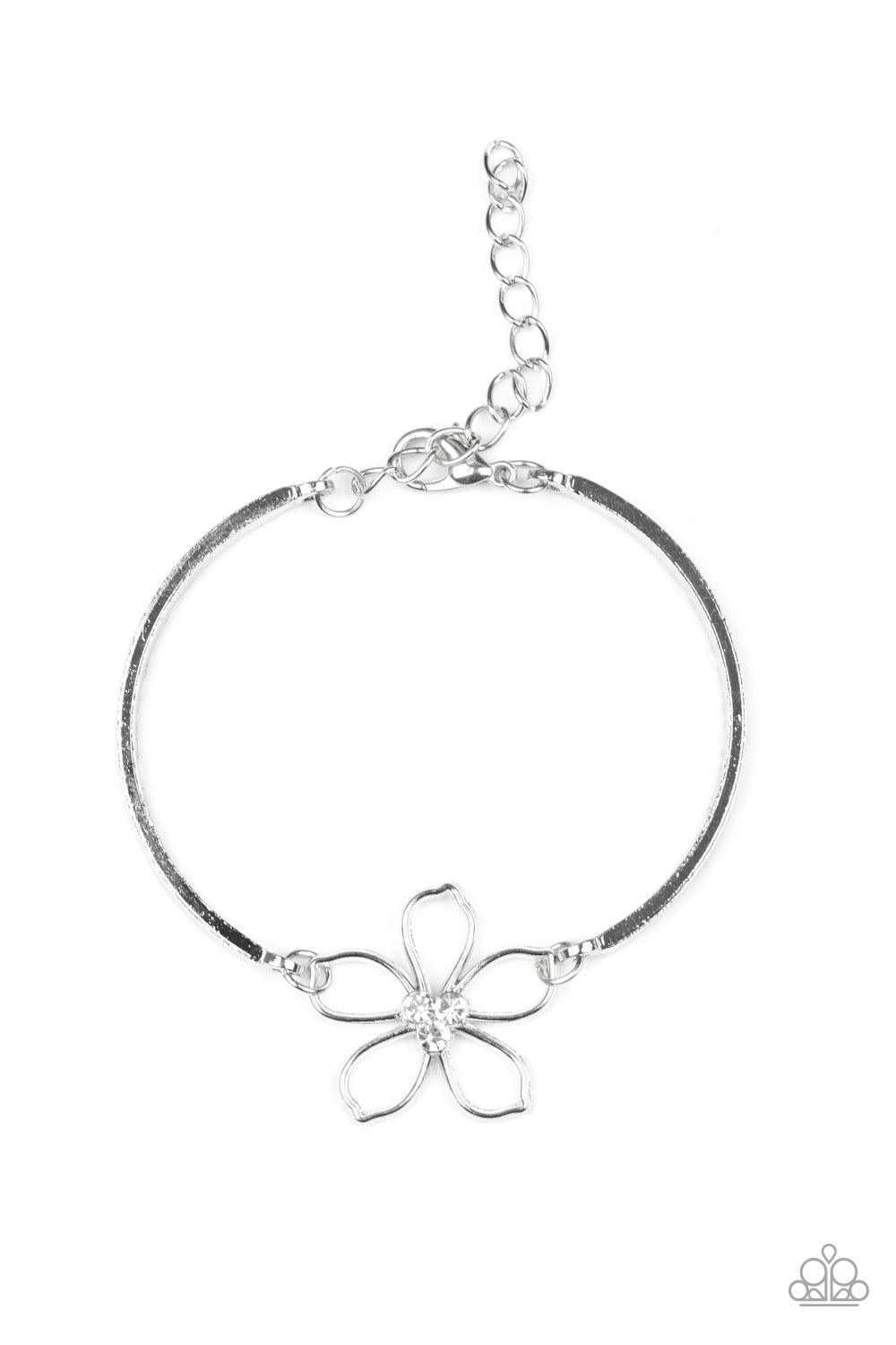 Paparazzi Accessories Hibiscus Hipster - White Dotted with a radiant white rhinestone center, an airy silver floral frame attaches to two shiny silver bars, creating a whimsical centerpiece atop the wrist. Features an adjustable clasp closure. Sold as one