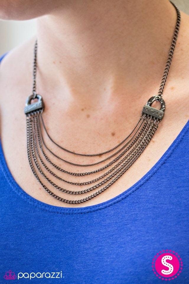 Paparazzi Accessories Rise of Rome - Black Shiny gunmetal chains swing from two glistening gunmetal accents, creating a chic metallic palette below the collar. Features an adjustable clasp closure. Jewelry