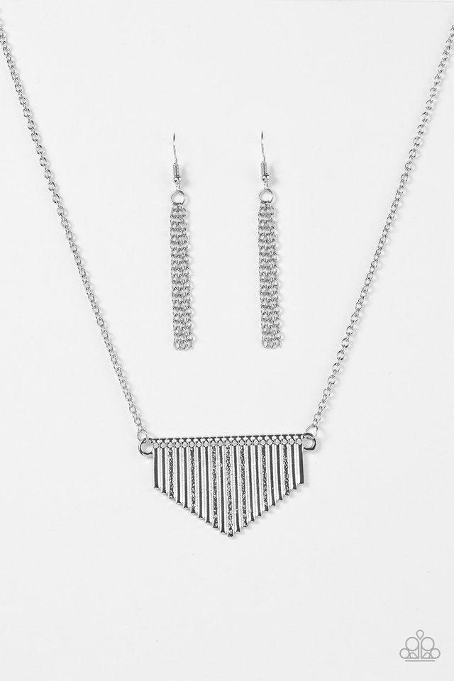Paparazzi Accessories Imperially Industrial - Silver Delicately hammered in shimmery texture, glistening silver rods coalesce into a tapered pendant below the collar in a bold industrial fashion. Features an adjustable clasp closure. Sold as one individua