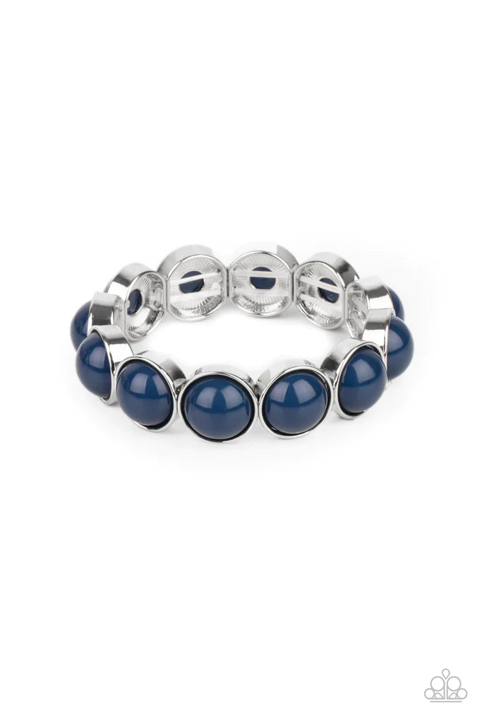 Paparazzi Accessories POP, Drop, and Roll - Blue Dotted with polished blue beads, studded floral and metallic rope-like silver frames are threaded along stretchy bands around the wrist for a colorfully bubbly fashion. Sold as one individual bracelet. Brac
