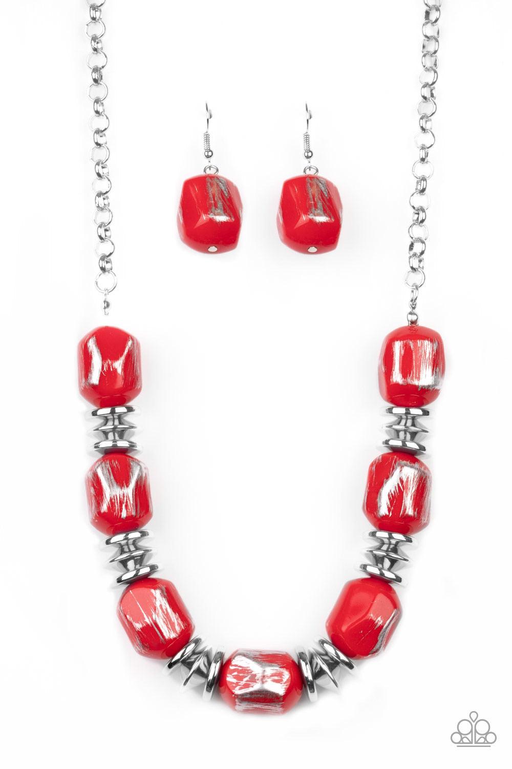 Paparazzi Accessories Girl Grit - Red Featuring a scratched metallic finish, faceted red beads and shimmery silver accents are threaded along an invisible wire below the collar for a colorful look. Features an adjustable clasp closure. Sold as one individ