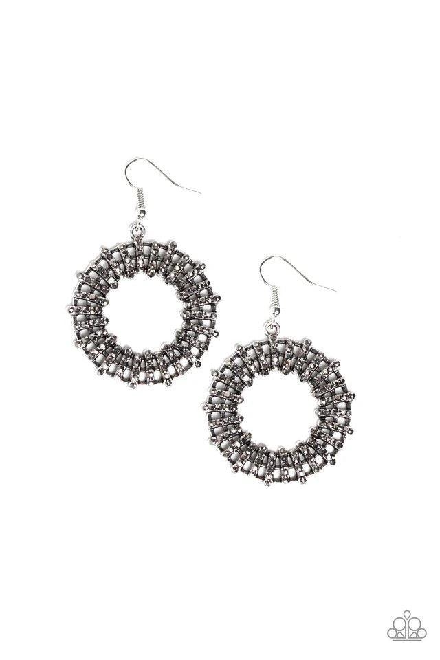 Paparazzi Accessories Girl Of Your GLEAMS - Silver Dainty hematite rhinestone encrusted frames stack along a bold silver hoop, creating daring dazzle. Earring attaches to a standard fishhook fitting. Sold as one pair of earrings. Jewelry