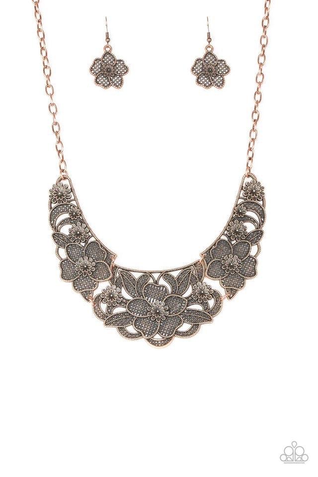 Paparazzi Accessories Petunia Paradise - Copper Featuring lattice-like patterns, shimmery copper flowers bloom below the collar for a seasonal look. Features an adjustable clasp closure. Jewelry