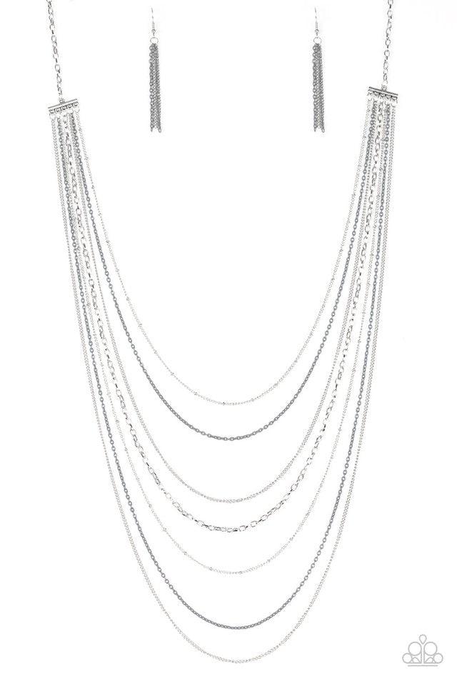 Paparazzi Accessories Radical Rainbows - Silver Mismatched silver chains alternate with dainty gray chains down the chest, creating a colorful industrial look. Features an adjustable clasp closure. Sold as one individual necklace. Includes one pair of mat