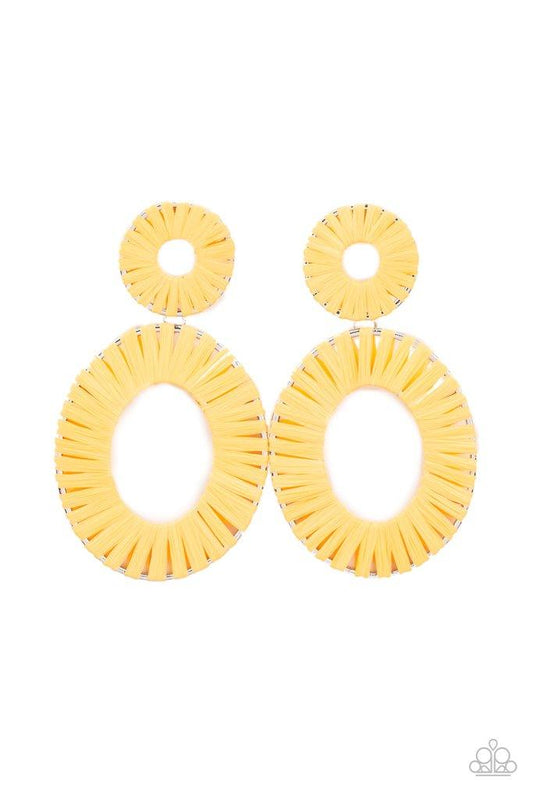 Paparazzi Accessories Foxy Flamenco - Yellow Wicker-like Marigold accents wrap around an oversized silver oval and dainty circular frame, linking into a colorful lure. Earring attaches to a standard post fitting. Sold as one pair of post earrings. Jewelry