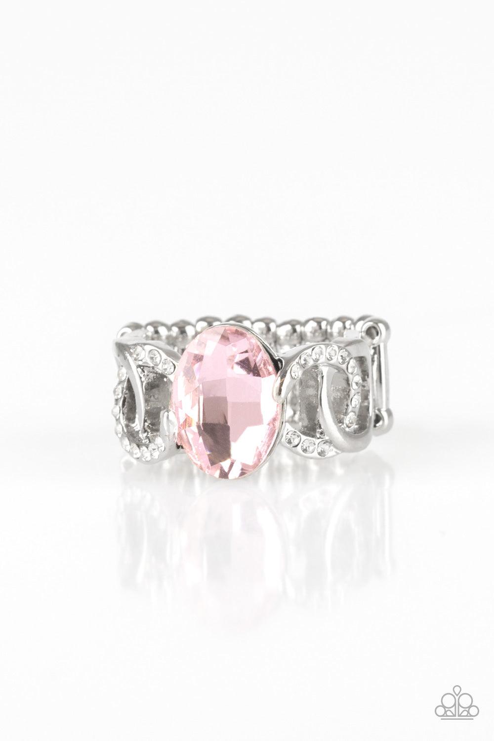 Paparazzi Accessories Supreme Bling - Pink White rhinestone encrusted frames and shiny silver frames link across the finger, coalescing into an airy band. A glittery pink rhinestone is pressed into the center of the band for a glamorous finish. Features a